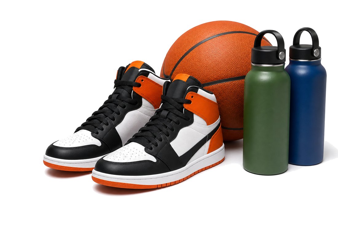 Basketballschuhe, ein Basketball und zwei Trinkflaschen (mit AI erstelltes Bild)