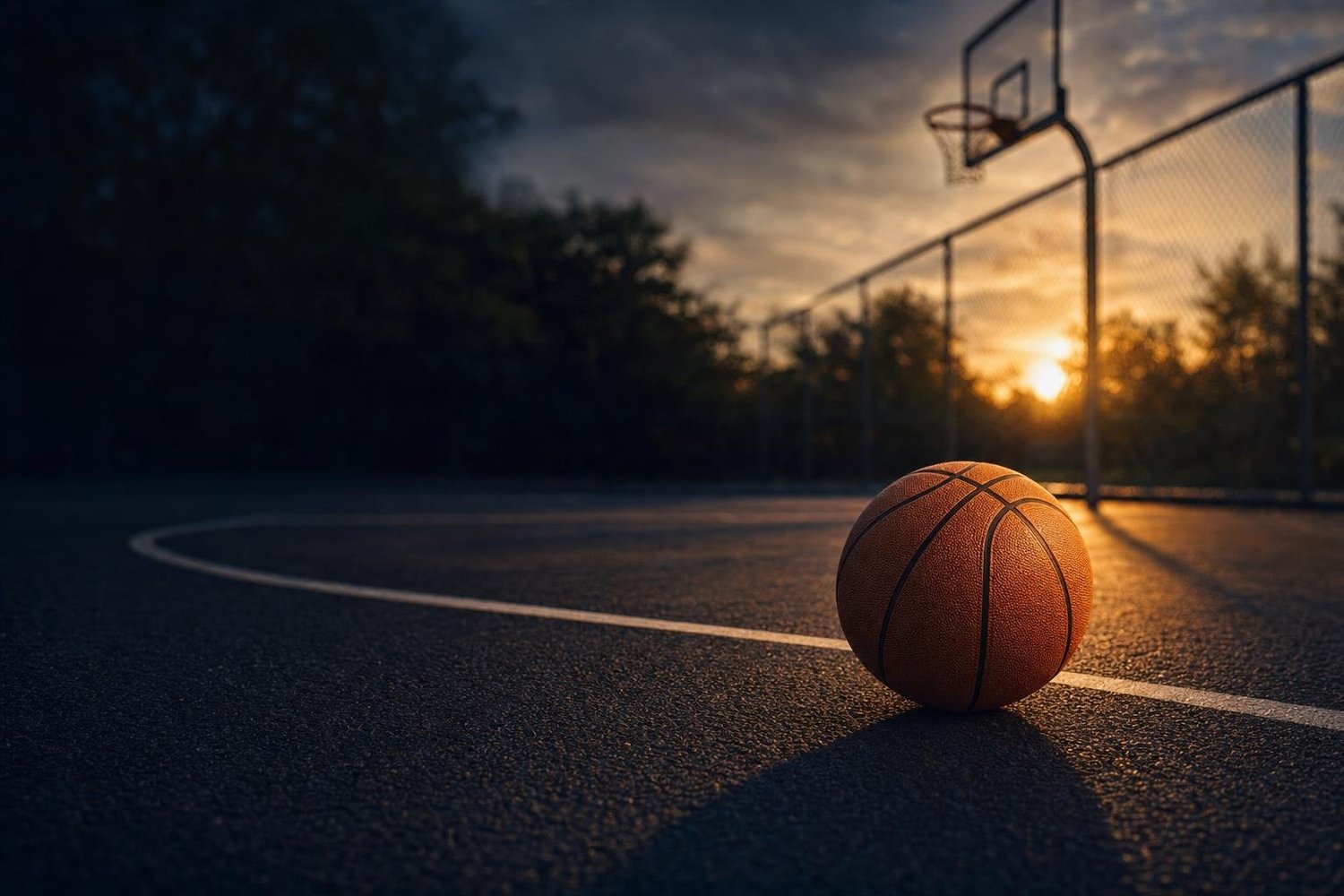 Ein orangefarbener Basketball auf einem Freiplatz in der Abenddämmerung (mit AI erstelltes Bild)