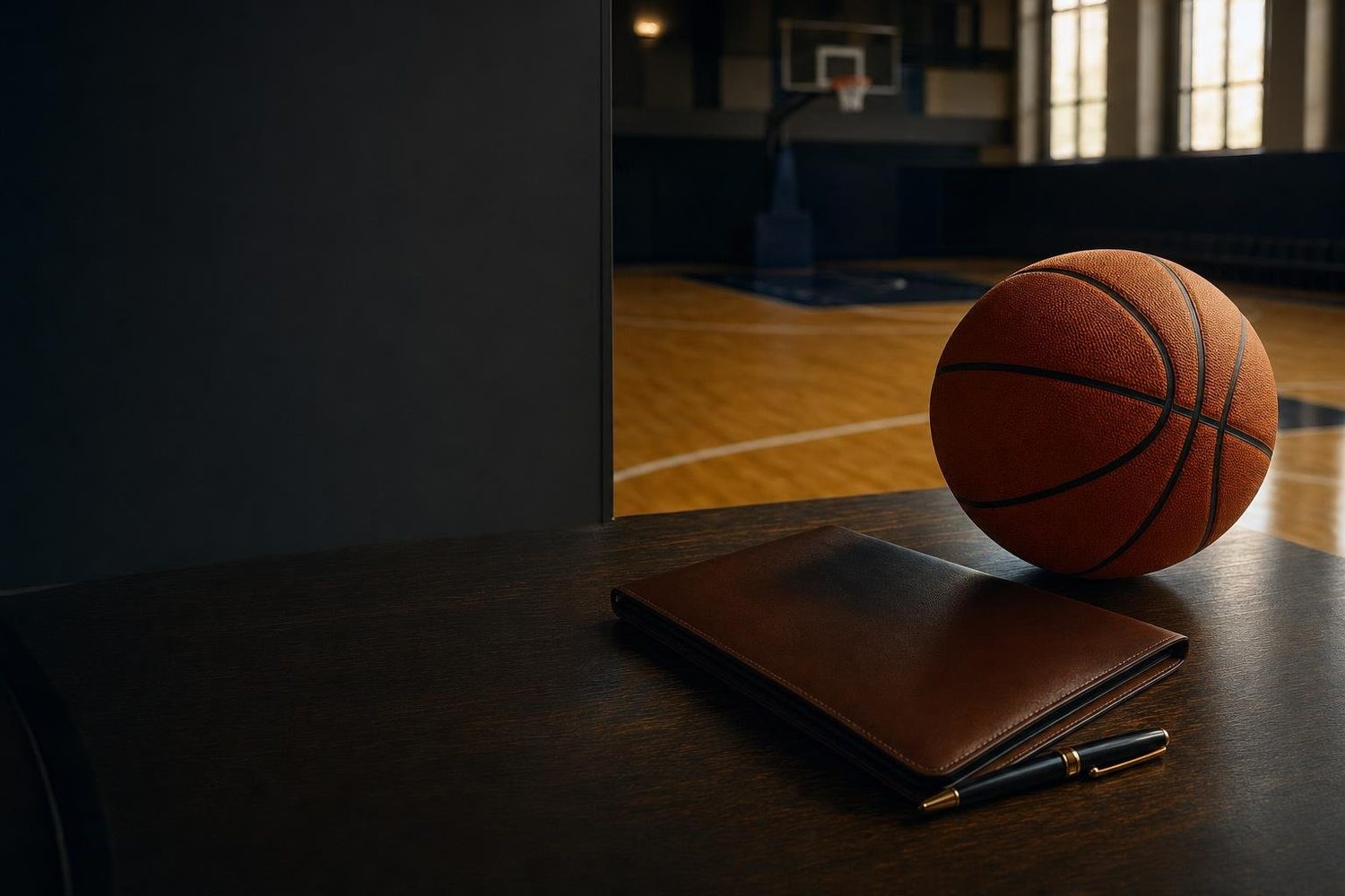 Ein Basketball, eine Ledermappe und ein Füller auf einem Tisch am Spielfeldrand (mit AI erstelltes Bild)