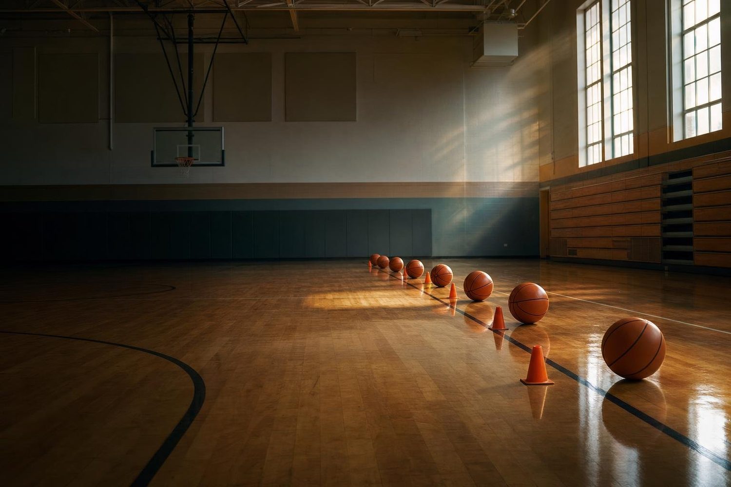 Basketbälle und Hütchen entlang einer Linie in einer leeren Schulsporthalle (mit AI erstelltes Bild)