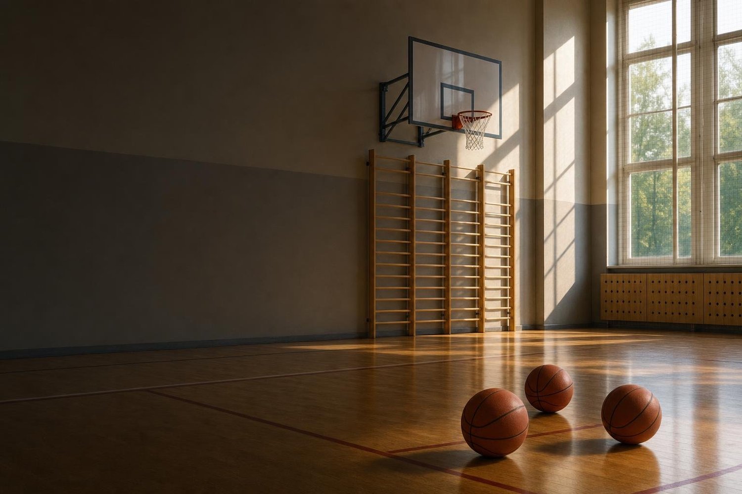 Eine Schulturnhalle mit Basketballkorb und Bällen auf dem Boden (mit AI erstelltes Bild)
