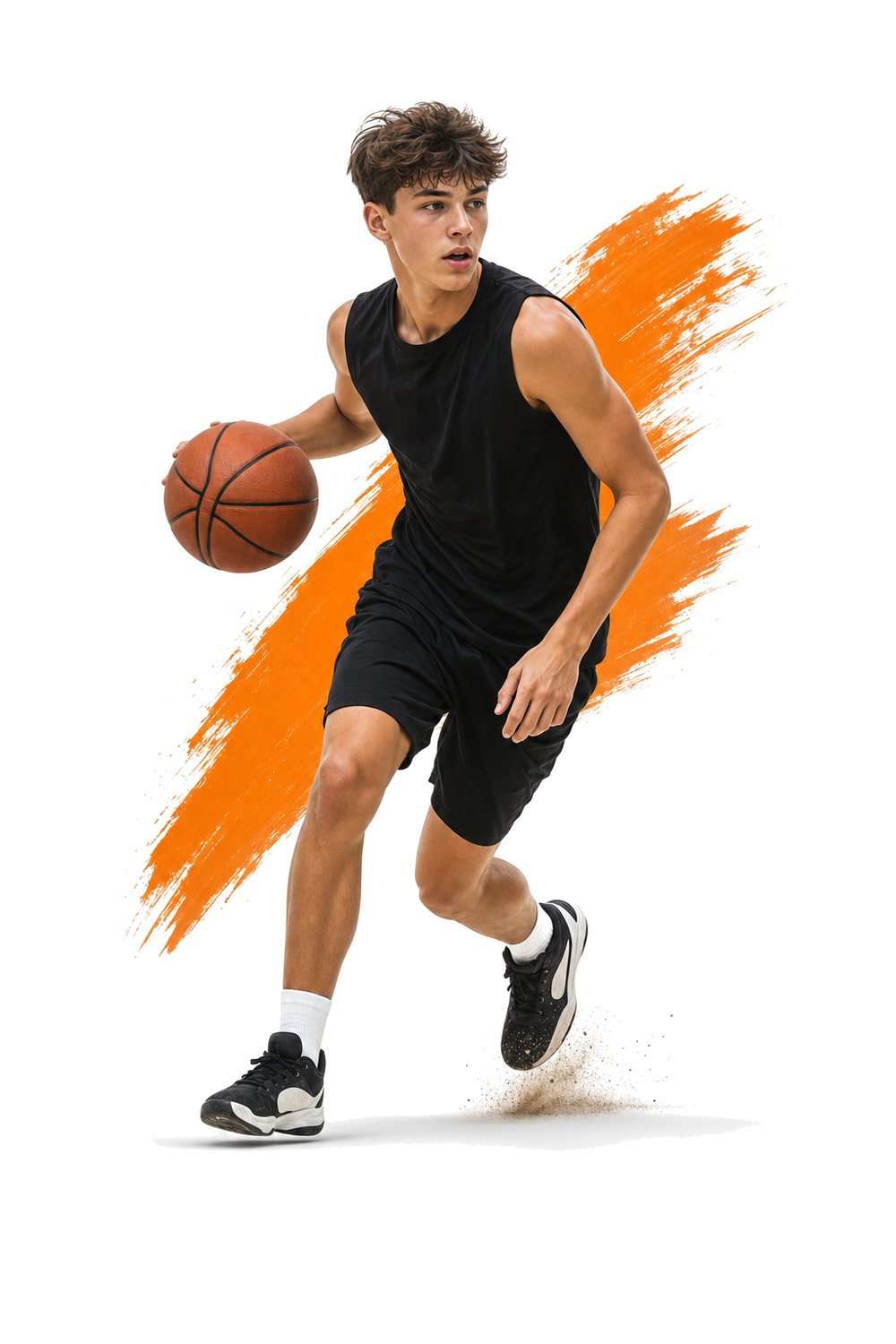 Ein Jugendlicher dribbelt im Lauf einen Basketball (mit AI erstelltes Bild)
